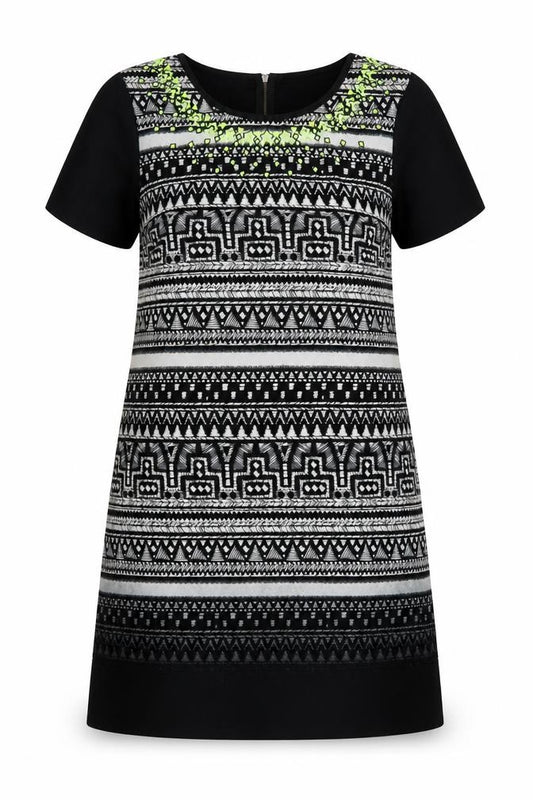 Front view of Butterfly women’s black geometric polyester mini, size UK 14, round neck zip
