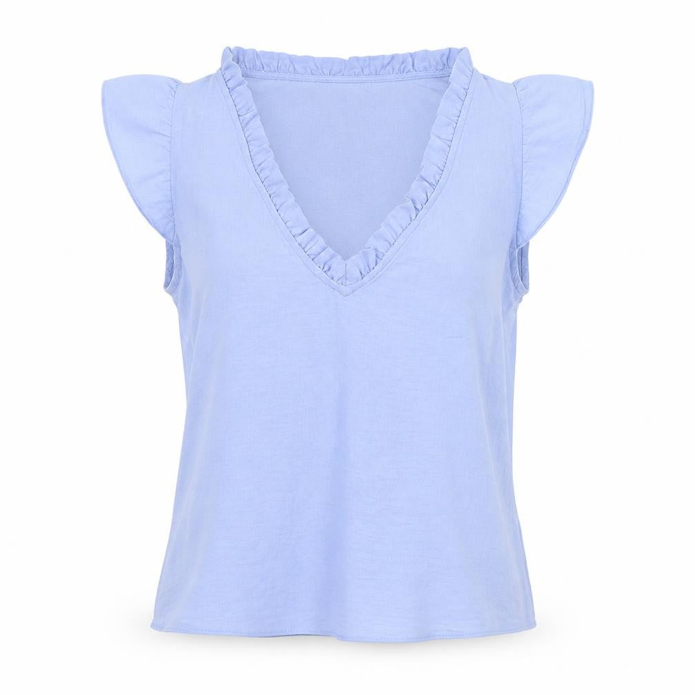 Front view of ASOS women’s blue polyester basic blouse, size UK 10, v-neck