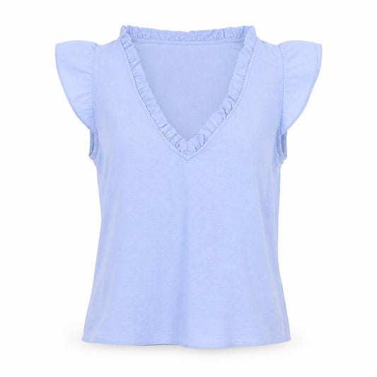 Front view of ASOS women’s blue polyester basic blouse, size UK 10, v-neck
