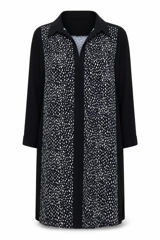 Front view of Oasis women’s black geometric polyester shirt dress, size M, v-neck pullover