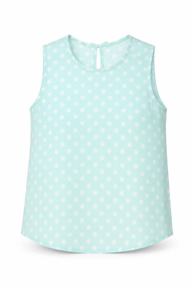 Front view of New Look women’s blue polka dot polyester basic blouse, size UK 12, roll neck