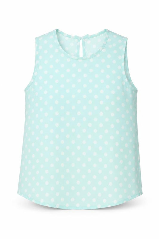 Front view of New Look women’s blue polka dot polyester basic blouse, size UK 12, roll neck