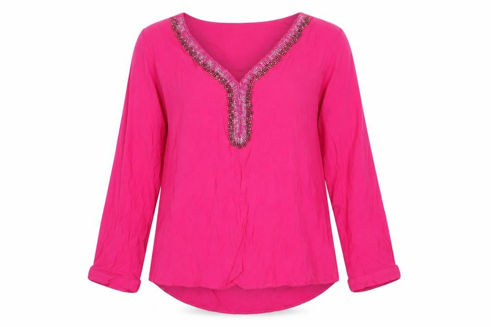 Front view of Fee Red women’s pink nylon basic t-shirt, size S, v-neck