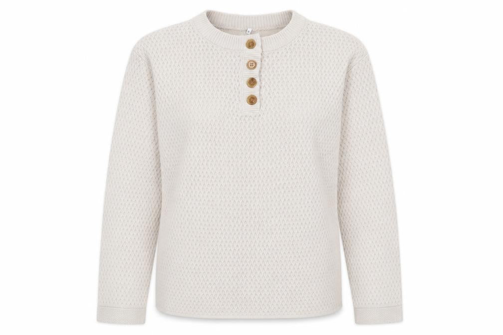 Front view of Preworn women’s beige round neck acrylic jumper, size S