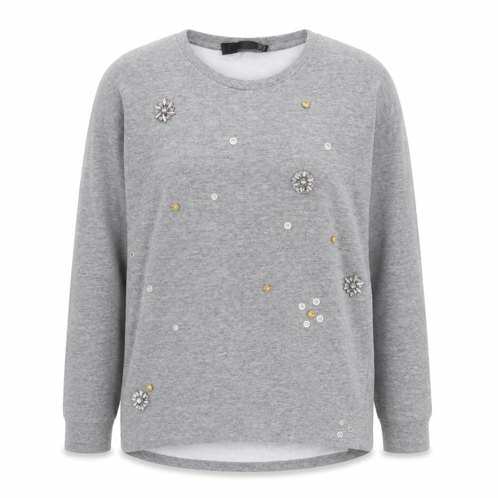 Front view of TRF women’s grey crew neck polyester jumper, size S