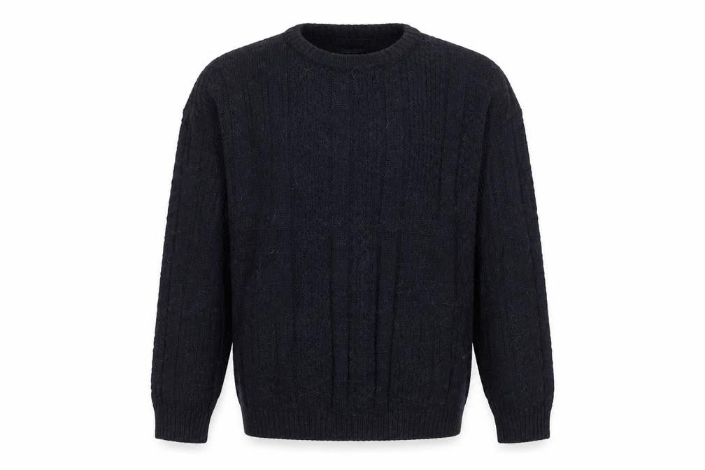 Front view of St Bernard men’s blue crew neck acrylic jumper, size L