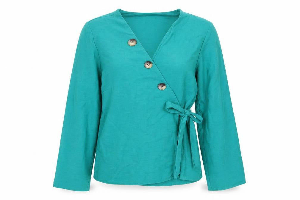 Front view of Peacocks women’s green polyester wrap blouse, size UK 8, v-neck