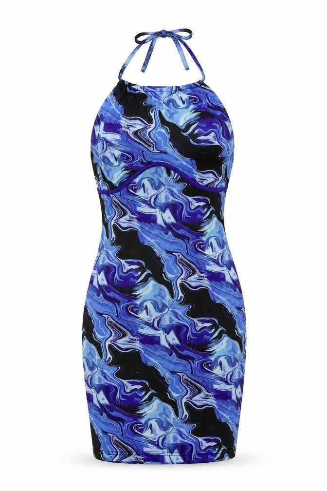 Front view of Naanaa women’s blue polyester pencil dress, size UK 6, halter pullover