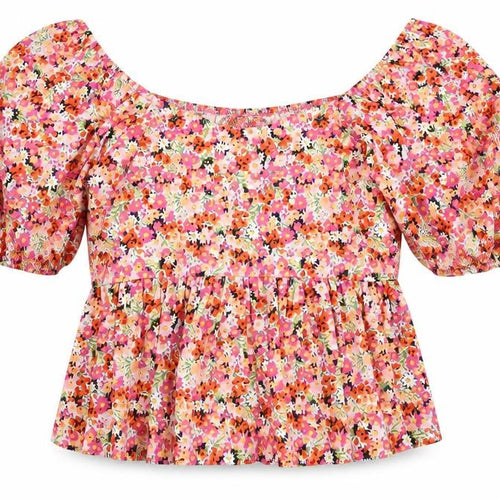 New Look Womens Red Floral Cotton Cropped Blouse Size 8 Square Neck