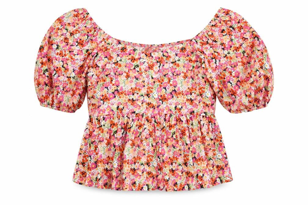 New Look Womens Red Floral Cotton Cropped Blouse Size 8 Square Neck