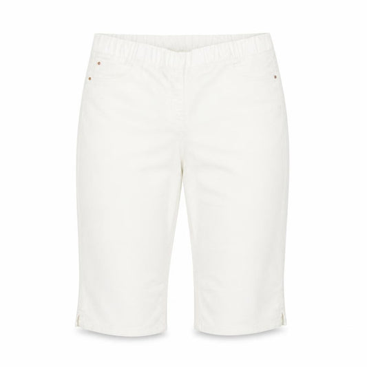 Front view of Preworn women’s white polyester bermuda shorts, size UK 36, in, 15-inch leg regular pull on