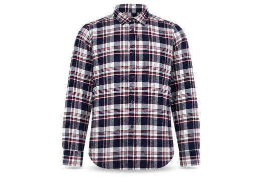 Front view of Cedarwood State men’s multicoloured plaid cotton button-up, size XS, collared button