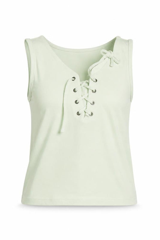 Front view of Topshop women’s green polyester basic tank, size UK 6, v-neck