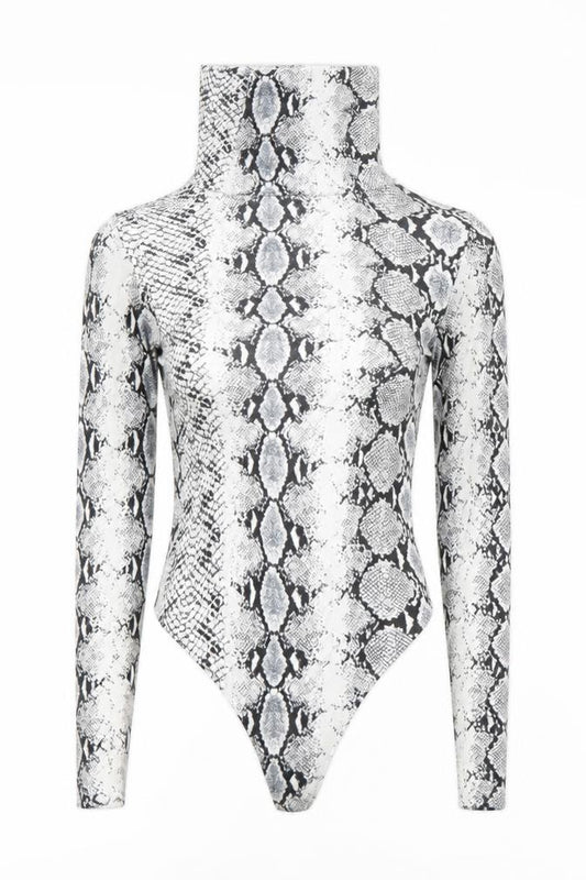 Front view of PRETTYLITTLETHING women’s grey animal print viscose basic blouse, size UK 4, halter