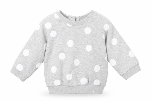 Front view of Matalan boys’ grey polka dot cotton jumper, size 0-3, months
