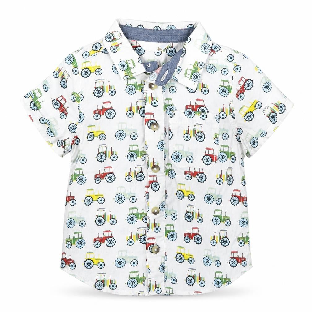 Front view of M&Co boys’ white geometric cotton basic button-up, size 9-12, months collared