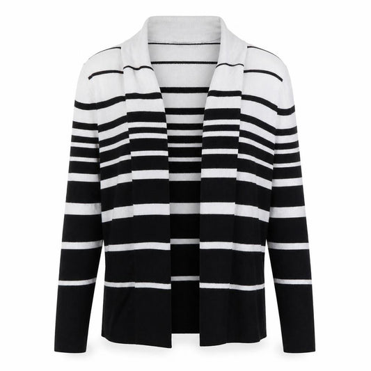 Front view of Marks & Spencer women’s multicoloured v-neck striped polyamide cardigan jumper, size UK 12