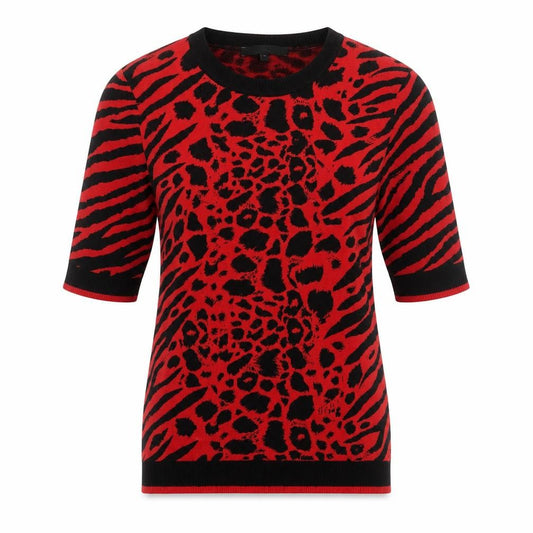 Front view of Next women’s red round neck animal print nylon jumper, size UK 12
