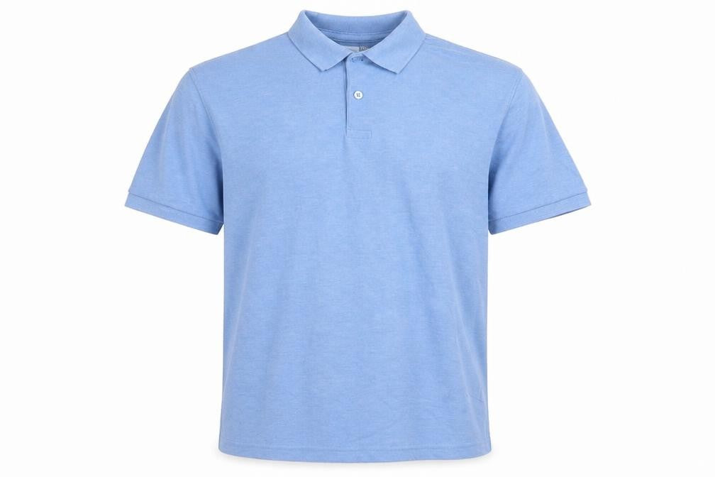 Front view of Cedarwood State men’s blue polyester polo, size M, collared
