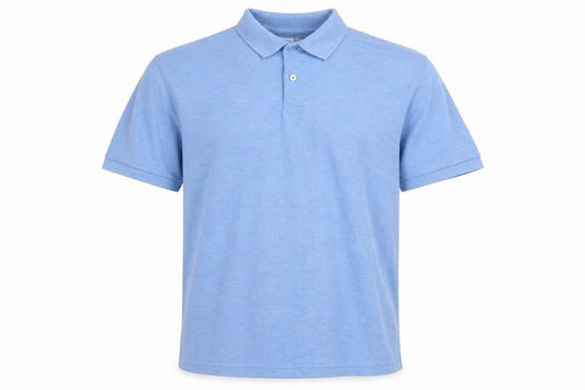 Front view of Cedarwood State men’s blue polyester polo, size M, collared