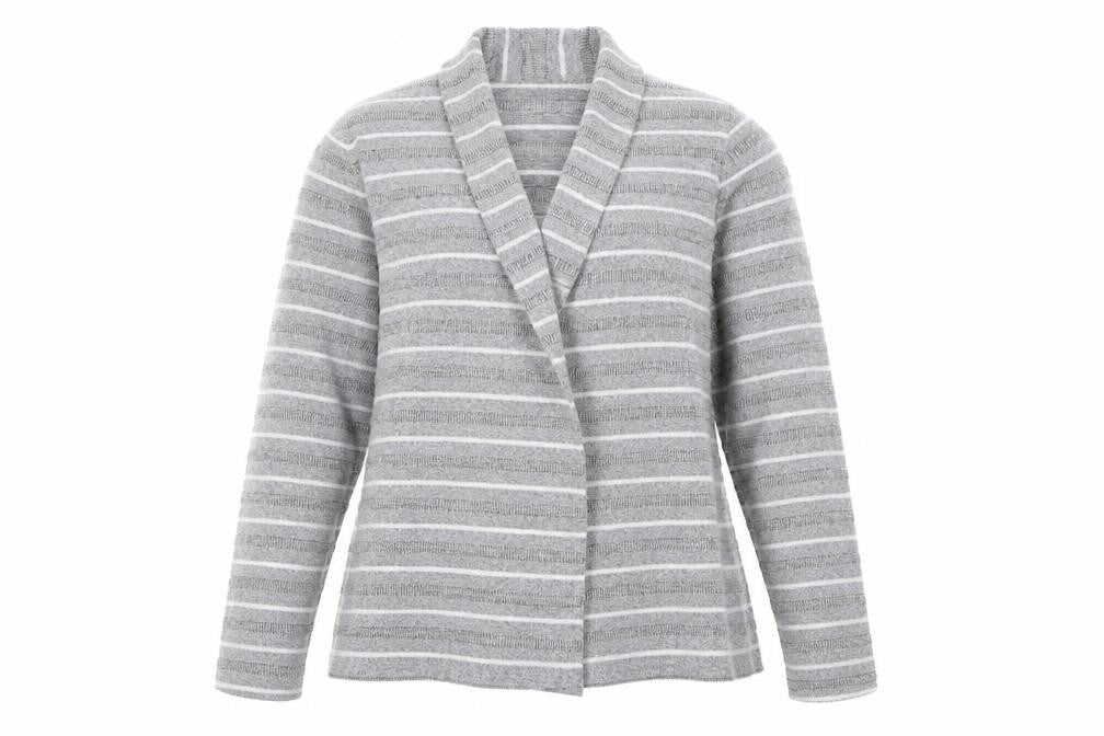 Bonmarché Womens Grey V-Neck Striped Polyester Cardigan Jumper Size 12