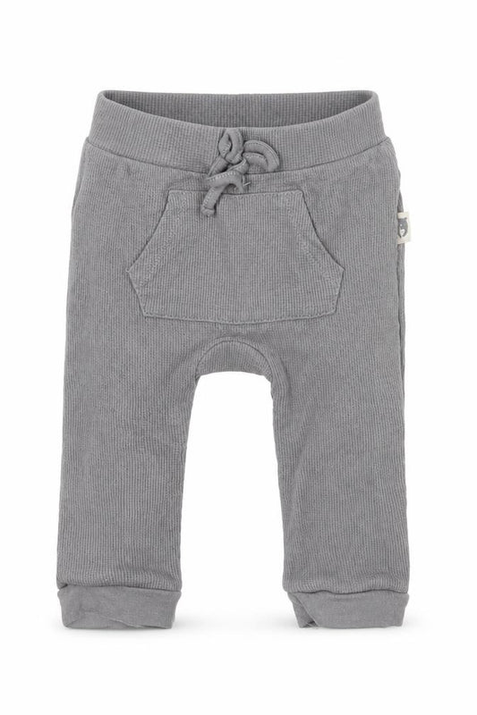 Front view of Rabbit & Bear boys’ grey cotton jogger trousers, size 6-9, months pullover