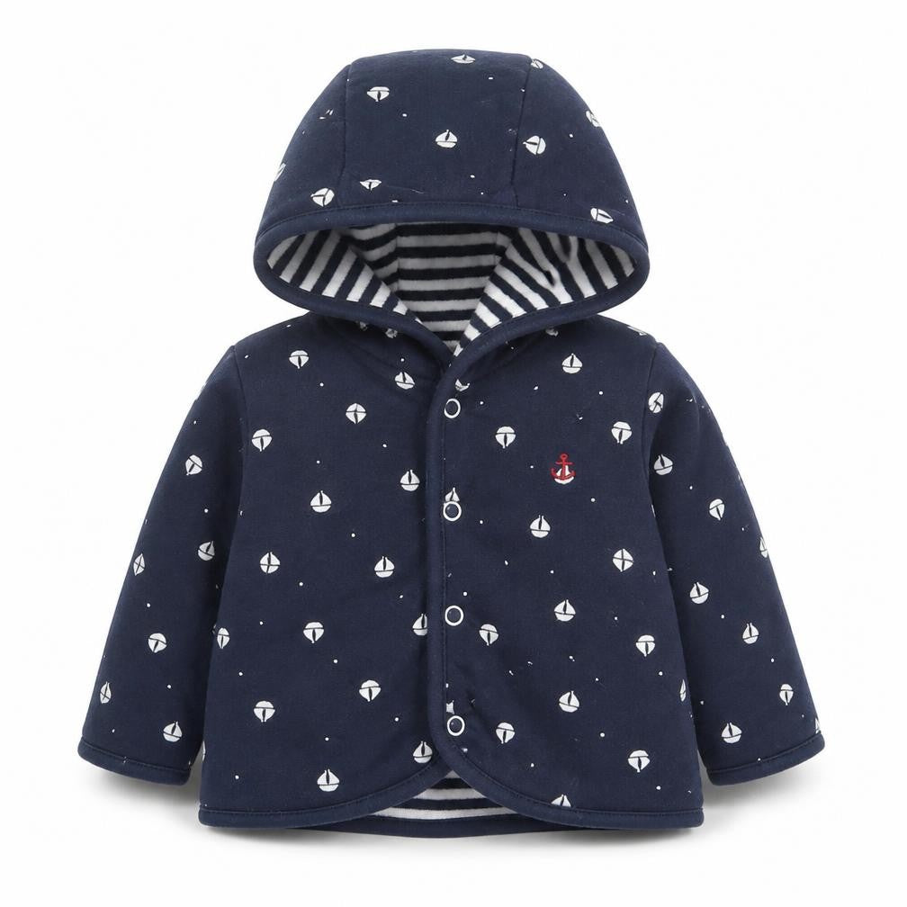 Front view of F&F boys’ blue geometric jacket, size 9-12, months button