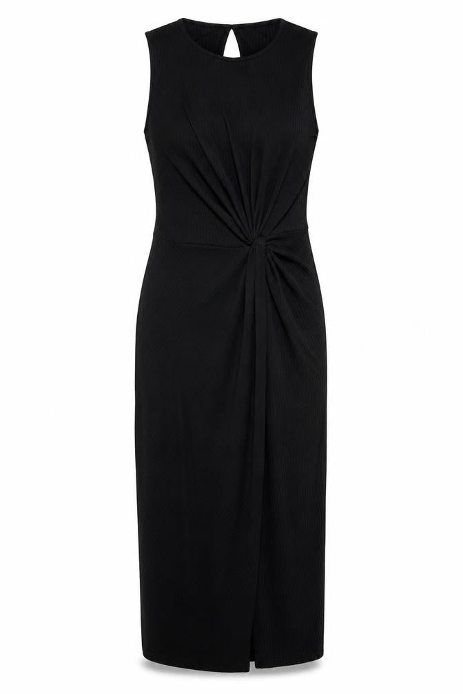Front view of Oasis women’s black polyester bodycon, size S, crew neck button