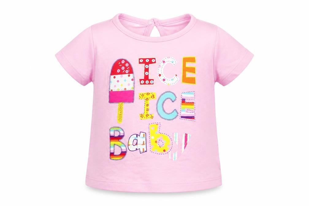 Front view of Cherokee girls’ pink cotton basic t-shirt, size 3-6, months crew neck button