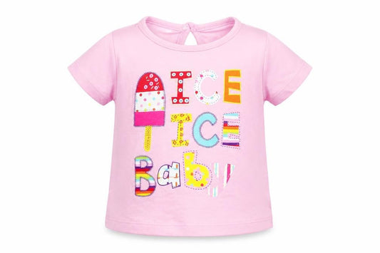Front view of Cherokee girls’ pink cotton basic t-shirt, size 3-6, months crew neck button