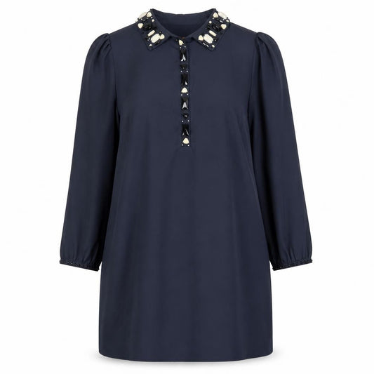 Front view of Next women’s blue polyester a-line, size UK 12, collared button