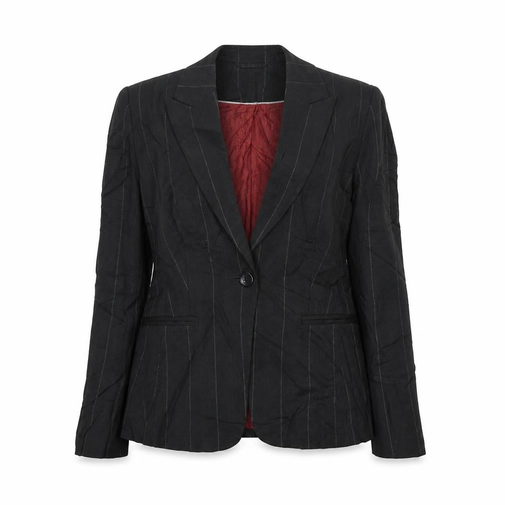 Front view of Next women’s black striped wool jacket suit jacket, size UK 10