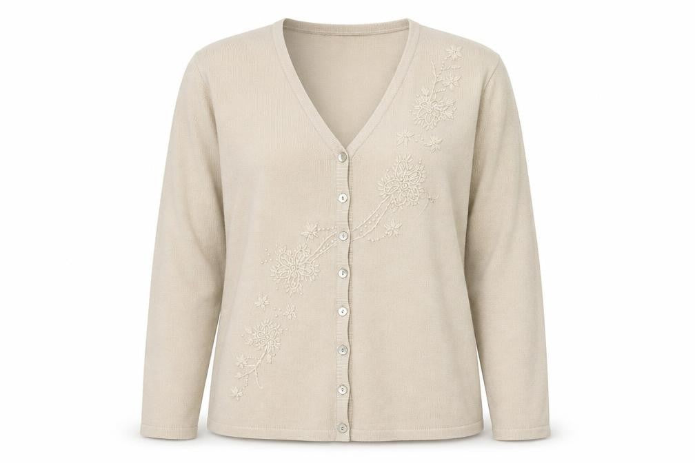 EWM Womens Beige V-Neck  Acrylic Cardigan Jumper Size L