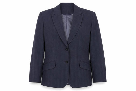 Front view of Next women’s blue striped polyester jacket suit jacket, size UK 10
