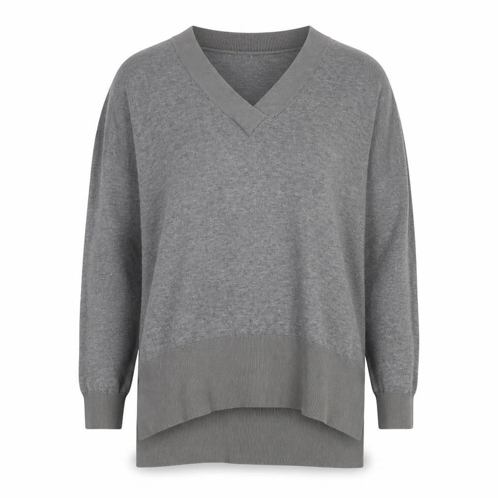 Front view of Topshop women’s grey v-neck polyester henley jumper, size UK 8