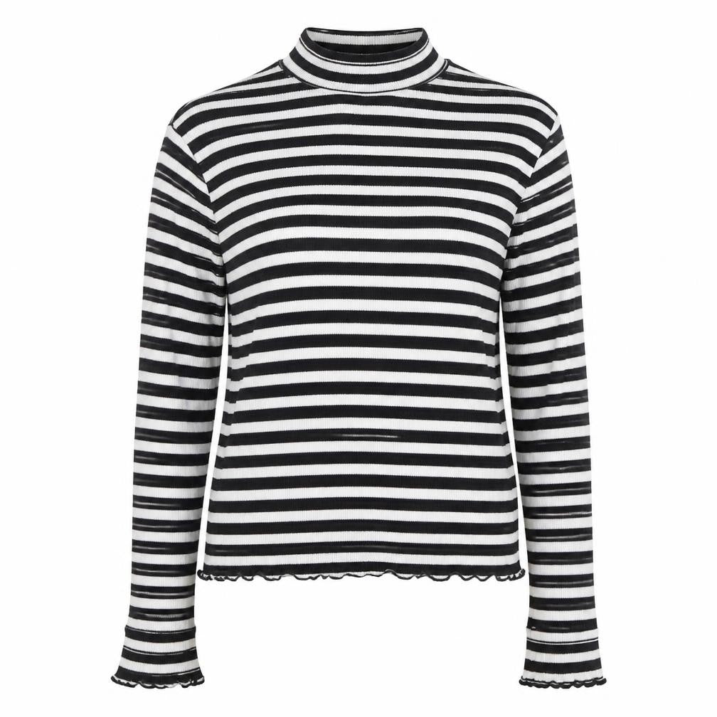 Front view of Marks & Spencer women’s black high neck striped cotton jumper, size UK 12