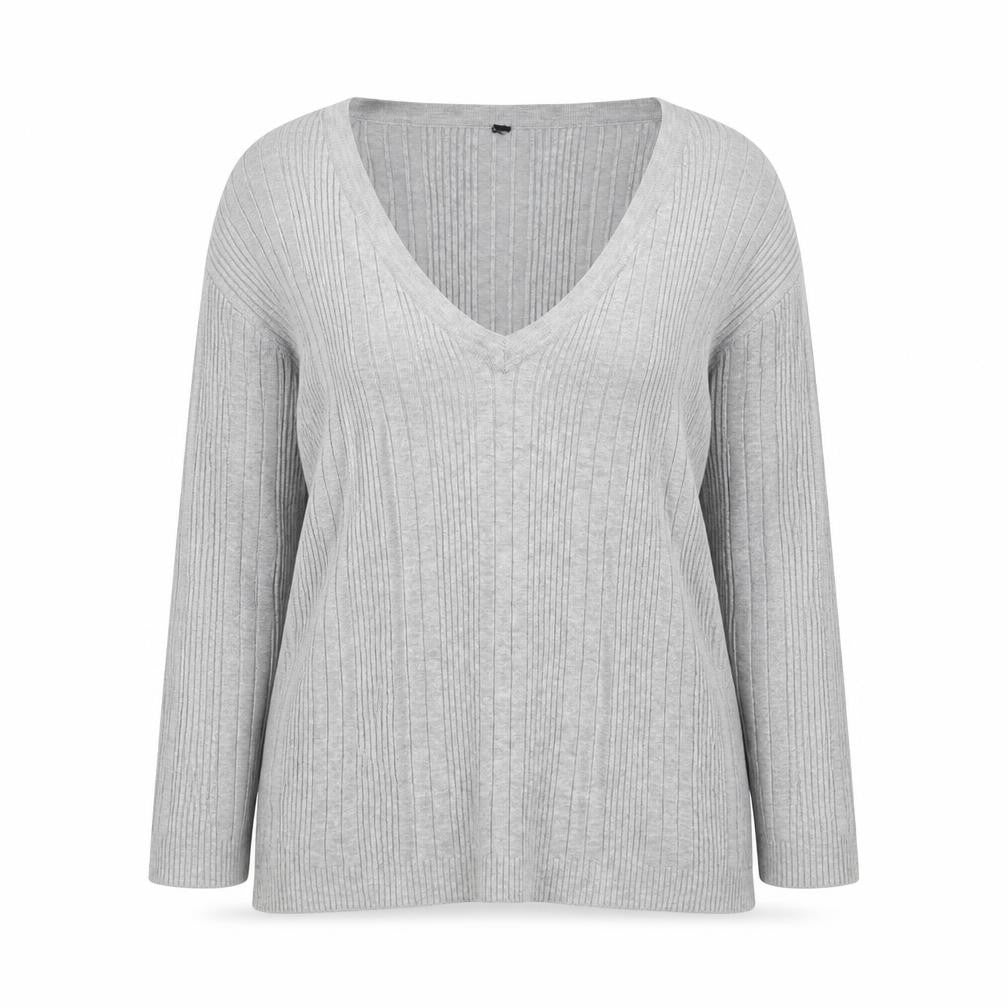 Front view of Bay women’s grey v-neck viscose jumper, size UK 16