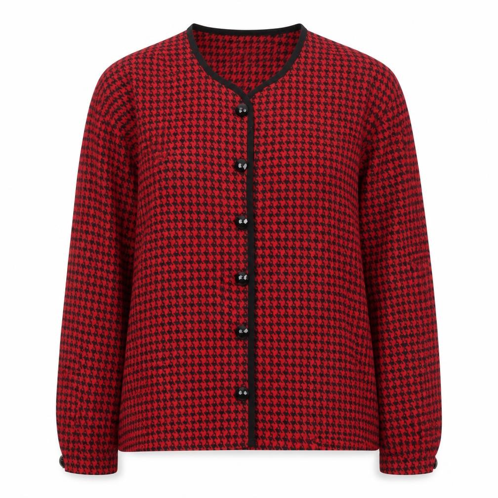 Front view of St Michael women’s red houndstooth polyester basic blouse, size UK 8, round neck