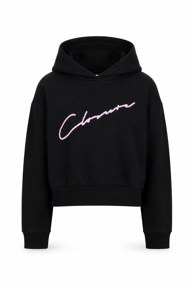 Front view of Closure girls’ black cotton pullover hoodie, size 8, years pullover - cropped