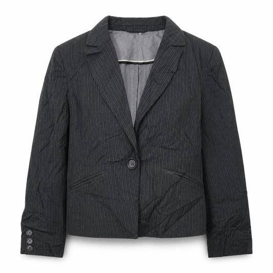 Front view of Debenhams women’s grey striped jacket blazer, size UK 12, button