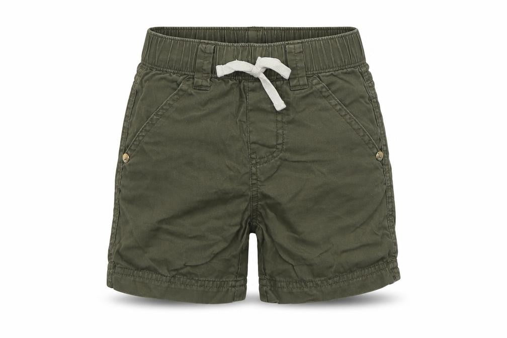 Front view of Pumpkin Patch boys’ green 100% cotton cargo shorts, size 2, years regular tie