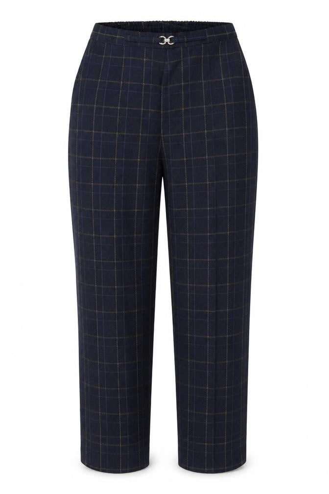 Front view of Damart women’s blue plaid polyester trousers, size S, 26-inch leg regular