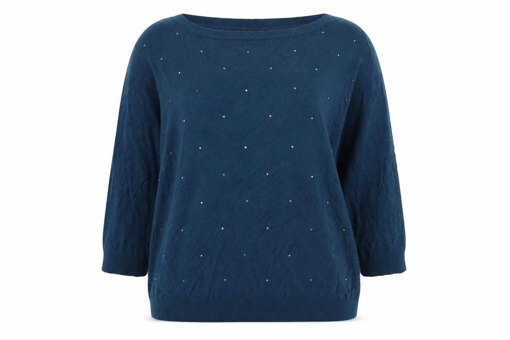 Front view of Debenhams women’s green round neck viscose jumper, size UK 18