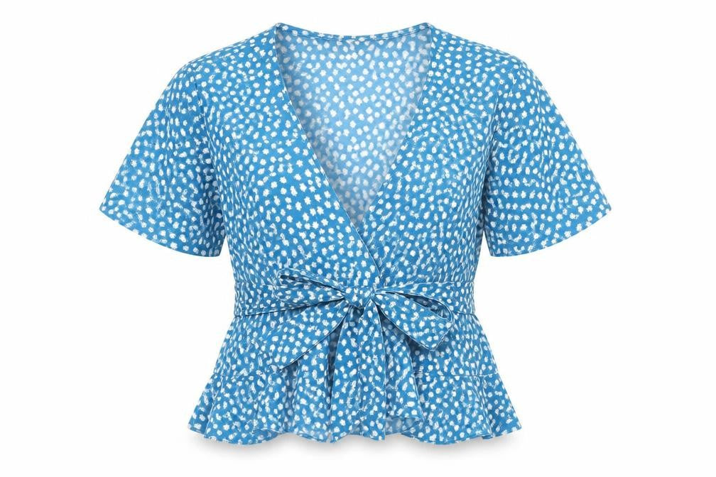 Front view of SHEIN women’s blue floral polyester basic blouse, size M, v-neck