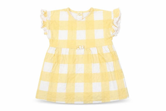 Front view of George girls’ yellow plaid cotton fit & flare, size 9-12, months round neck