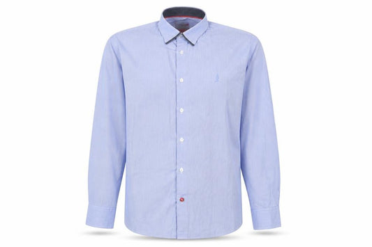 Front view of 6th Sense men’s blue plaid cotton button-up, size XL, collared button