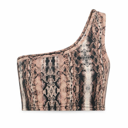 Front view of IX LONDON women’s brown animal print polyester cropped tank, size UK 12, one shoulder