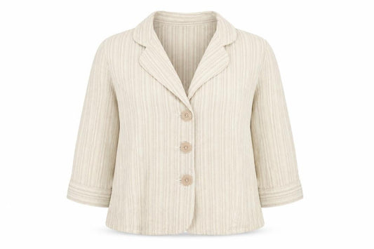 Front view of EWM women’s beige striped jacket blazer, size UK 18, button