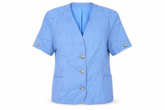 Front view of Preworn women’s blue jacket blazer, size UK 14, button