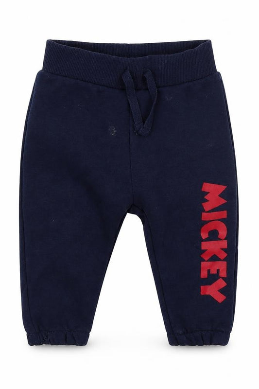 Front view of Primark boys’ blue cotton sweatpants, size 6-9, months drawstring - mickey mouse